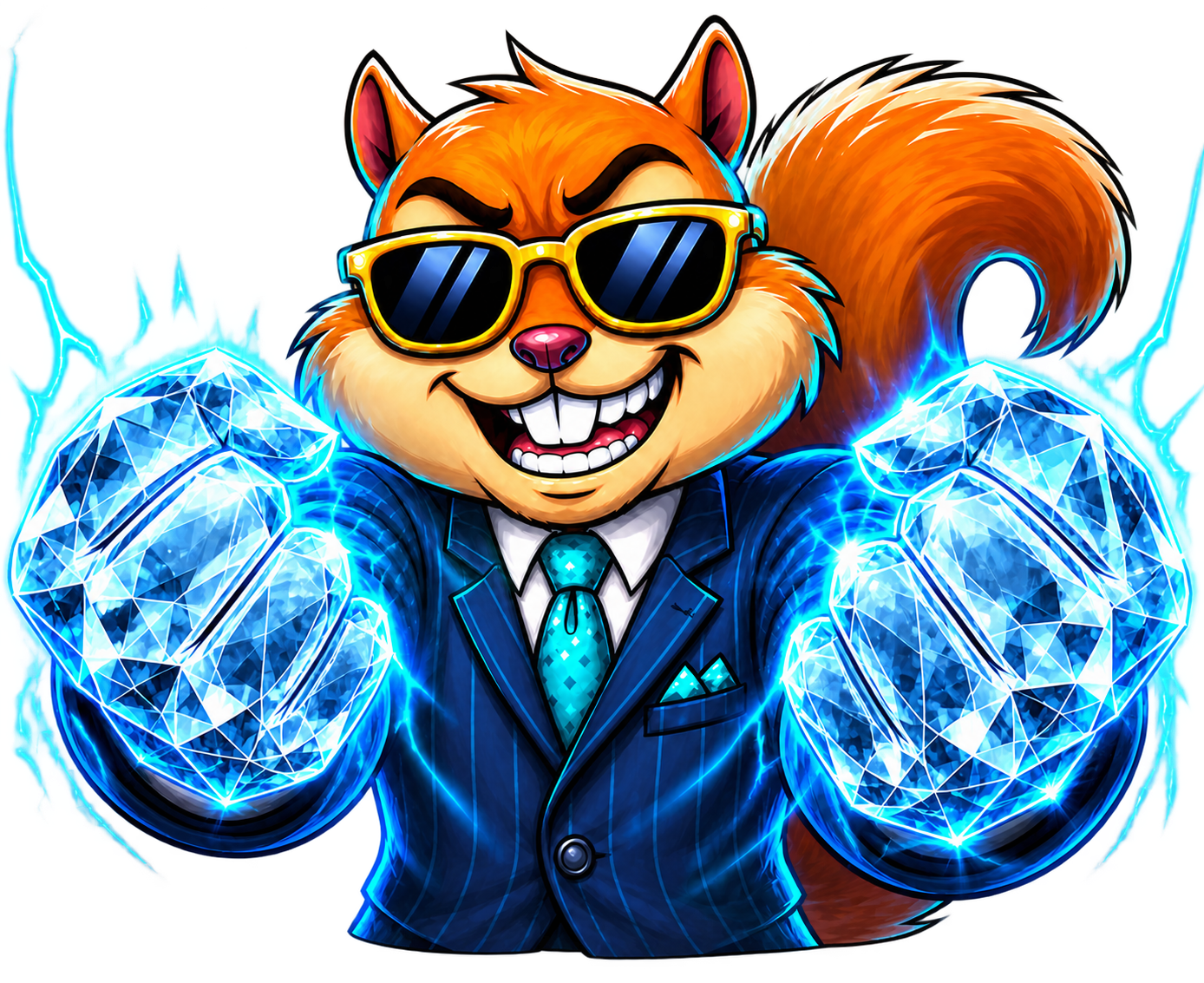 Close-up of Deez raising two glowing diamond fists