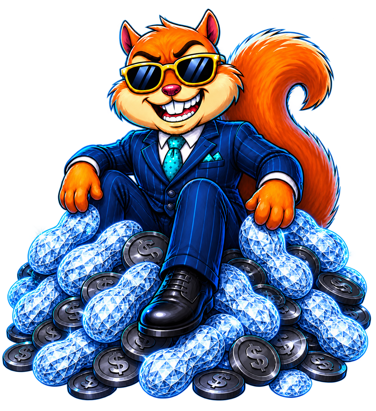 Deez sitting triumphantly on a treasure pile of diamond peanuts and coins